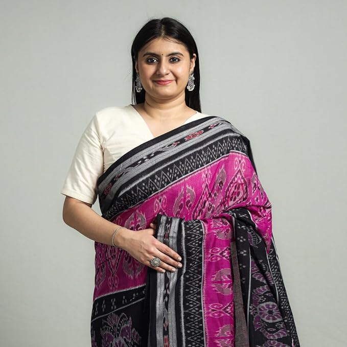 Odisha Sambalpuri Handloom Ikat Women's Pure Cotton Saree Traditional Craftsmanship Double Ikat Weaving Floral Handmade Ethnic Saree without Blouse Piece - Saree by Utkal Handlooms