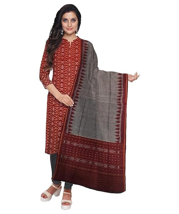 Handloom Cotton Dress Material, Red and Grey Traditional Print, Unstitched Salwar Suit with Dupatta - Dress Material by Utkal Handlooms