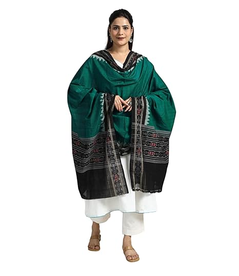 Odisha Sambalpuri Handloom Cotton Dupatta with weaving and Ikat woven border from the Weavers Stole for Girls & Women - Dupattas by Utkal Handlooms