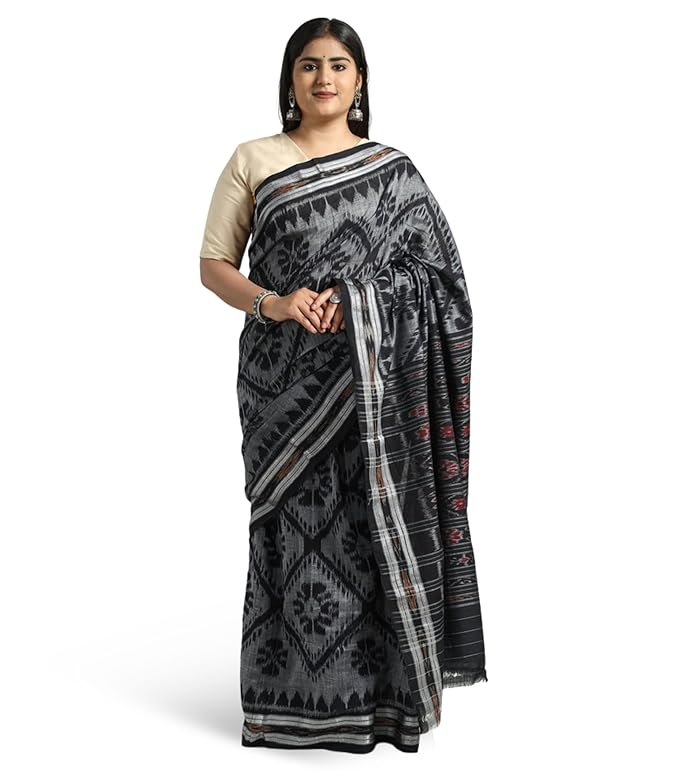 disha Sambalpuri Handloom Ikat Women's Cotton Saree Traditional Craftsmanship Double Ikat Weaving Floral and Rich Cultural Ethnic Saree Without Blouse - Saree