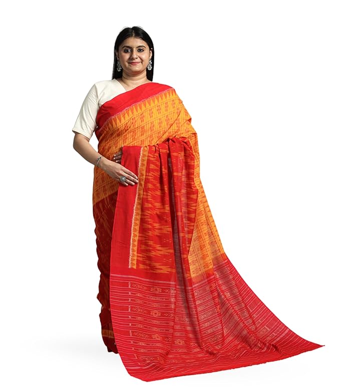 Odisha Sambalpuri Handloom Ikat Women's Pure Cotton Saree Traditional Craftsmanship Double Ikat Weaving Floral Handmade Ethnic Saree without Blouse Piece - Saree